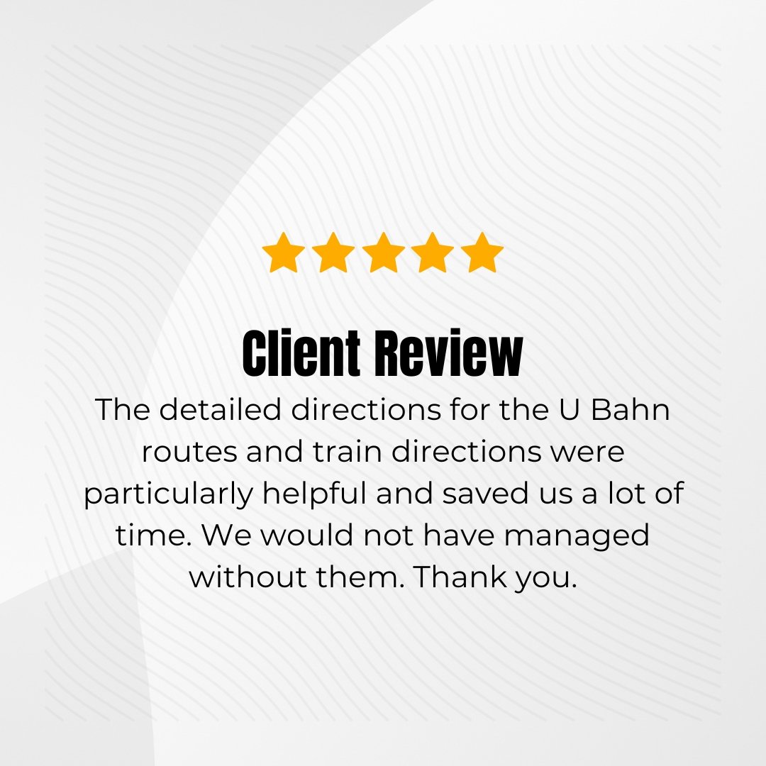 Text image about the marathon cheering tool that says "Client Review: The detailed directions for the U Bahn routes and train directions were particularly helpful and saved us a lot of time. We would not have managed without them. Thank you."