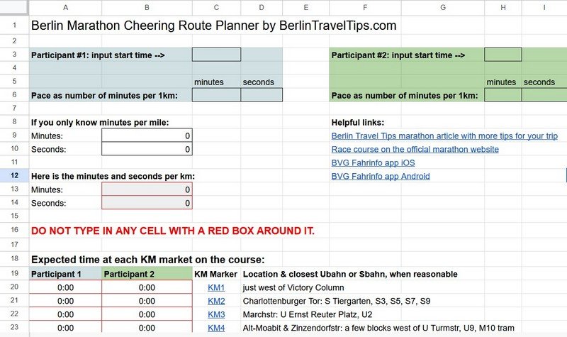 marathon cheering route planner spreadsheet